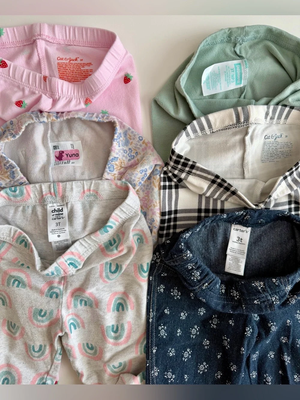 3T Leggings Lot 6 Pair-strawberry, flowers, rainbows, denim, green, check